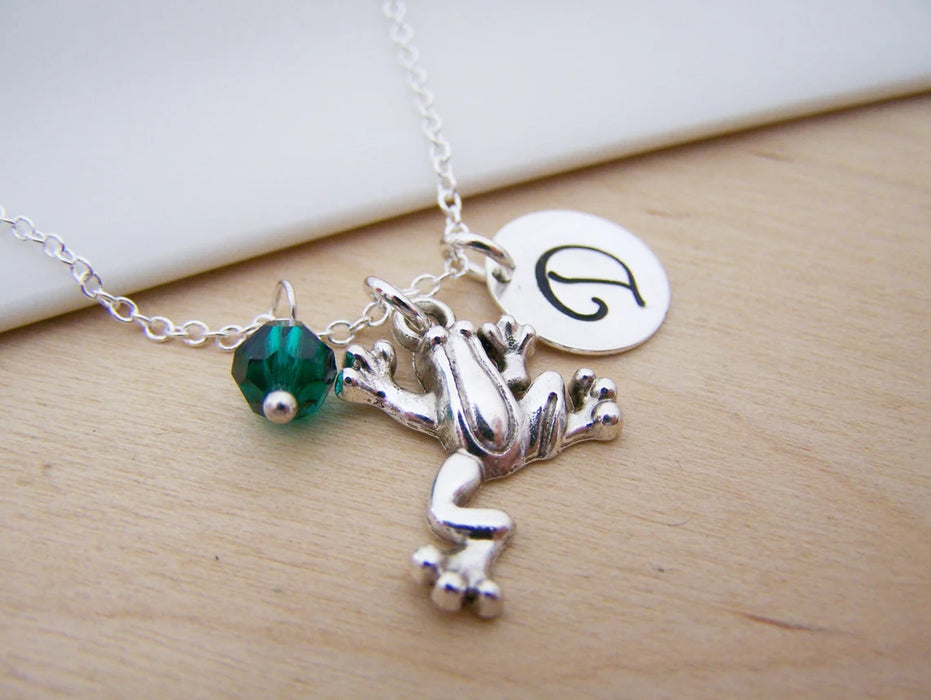 Frog Necklace – Sterling Silver with Birthstone & Initial Charm