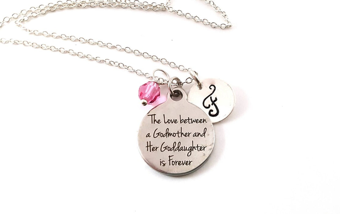 Godmother & Goddaughter Necklace – “The Love Between a Godmother and Her Goddaughter is Forever” – Sterling Silver with Birthstone & Initial
