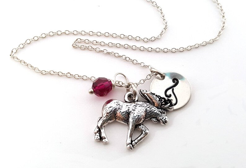 Personalized Moose Necklace – Moose Charm with Sterling Silver Chain, Birthstone & Initial