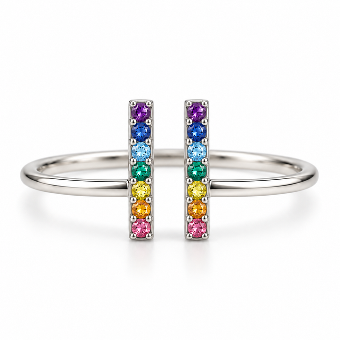 Adjustable Rainbow Bar Ring – Sterling Silver with Nano Gems