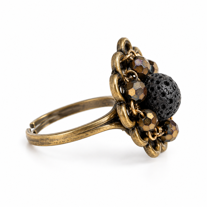 OOAK Lava Rock & Czech Glass Adjustable Brass Ring