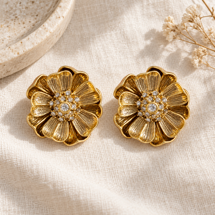 Gold Poppy Statement Earrings with Rhinestones