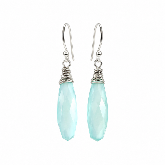 Aqua Chalcedony Briolette Wire Wrapped Earrings