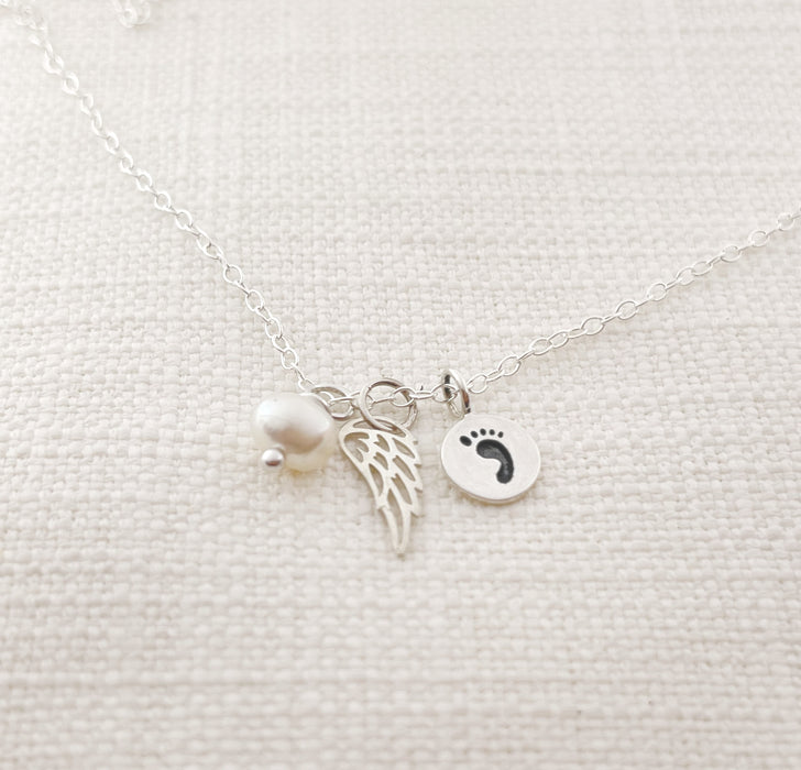 Footprint Angel Wing Necklace 925 Sterling Silver Memorial Necklace - Sympathy Jewelry