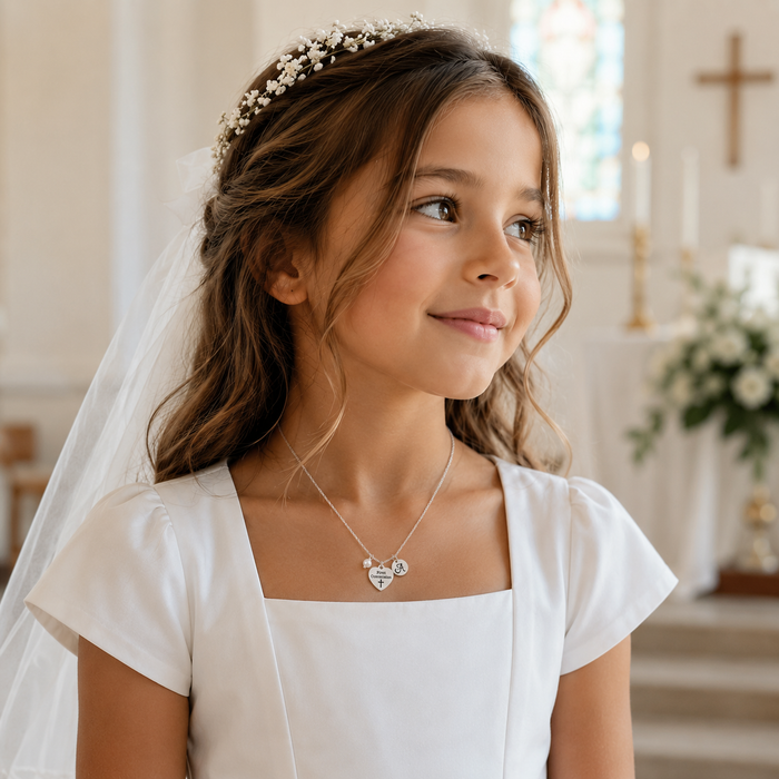 First Communion Necklace – Sterling Silver with Pearl, Initial & Stainless Steel Heart Charm
