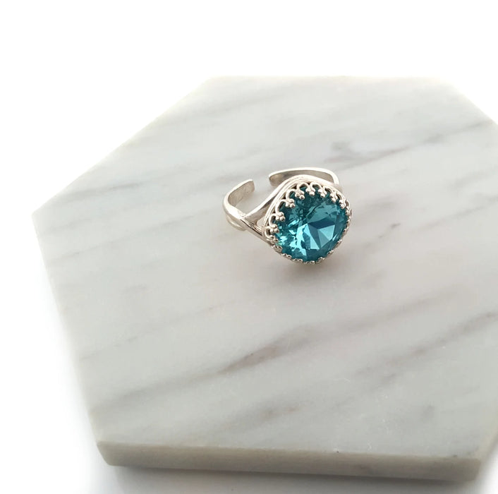 Swarovski Crystal Blue Topaz Cushion Sterling Ring