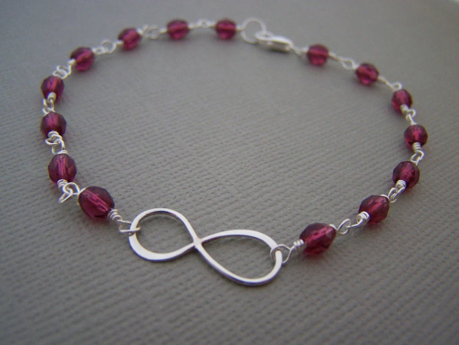 Fuchsia Czech Glass Sterling Silver Infinity Wire Wrapped Bracelet