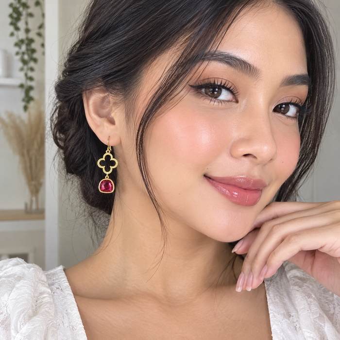 Clover & Red Glass Drop Earrings – 14k Gold Filled