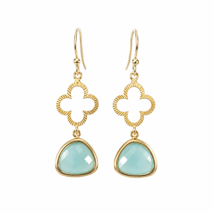 Gold Clover & Aqua Glass Drop Earrings – 14k Gold Filled