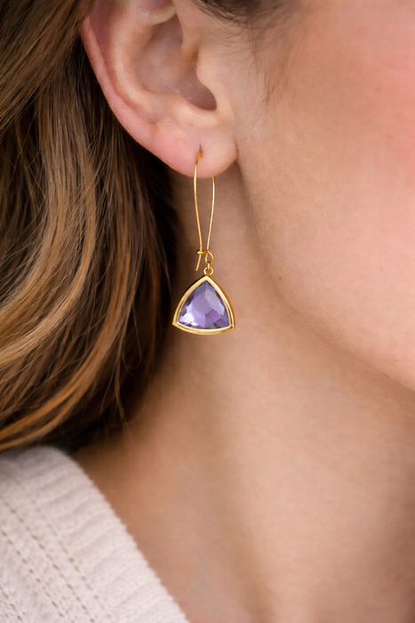 Amethyst Hydro Quartz Triangle Drop Earrings – Gold Plated Brass – 2” Geometric Purple Dangle Earrings