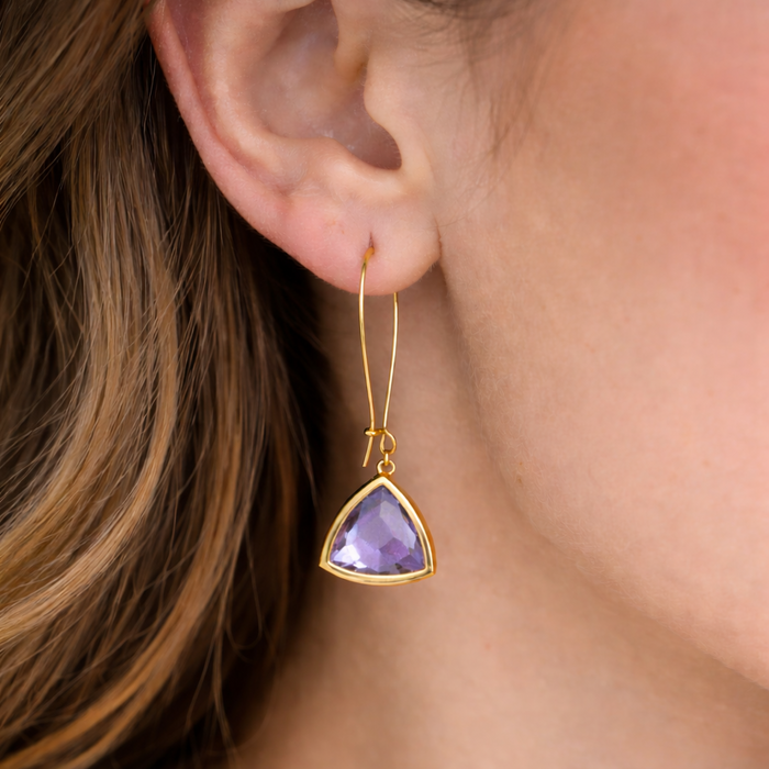 Amethyst Hydro Quartz Triangle Drop Earrings – Gold Plated Brass – 2” Geometric Purple Dangle Earrings