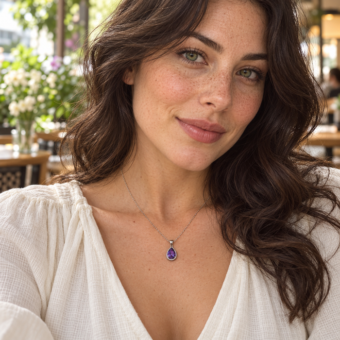 Amethyst Glass Halo Necklace in Sterling Silver