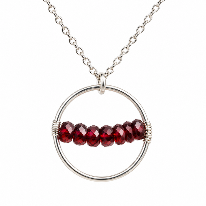 Garnet Bar Circle Necklace – Sterling Silver
