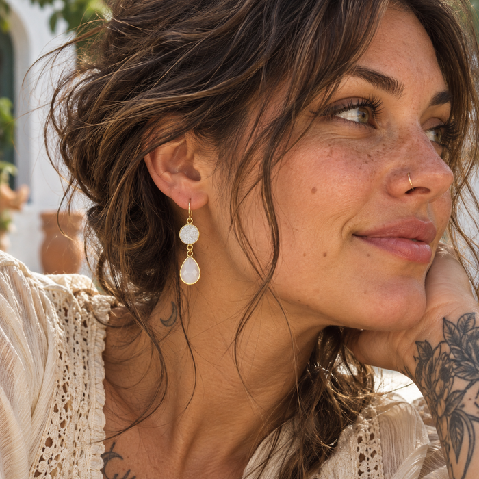 White Druzy & Glass Drop Earrings – 14k Gold Filled