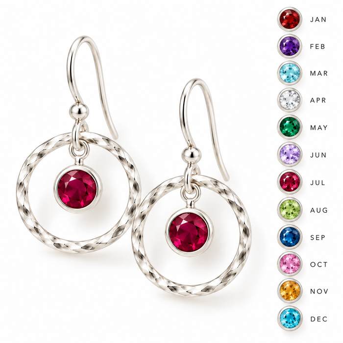 Hammered Orbit Birthstone Earrings – Sterling Silver