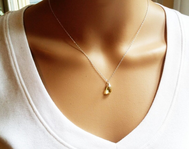 Yellow Citrine Necklace - November Birthstone - Dainty Drop Necklace - Sterling Silver Necklac