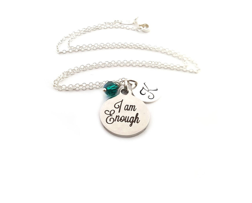 I Am Enough Necklace – Sterling Silver with Birthstone & Initial Charm