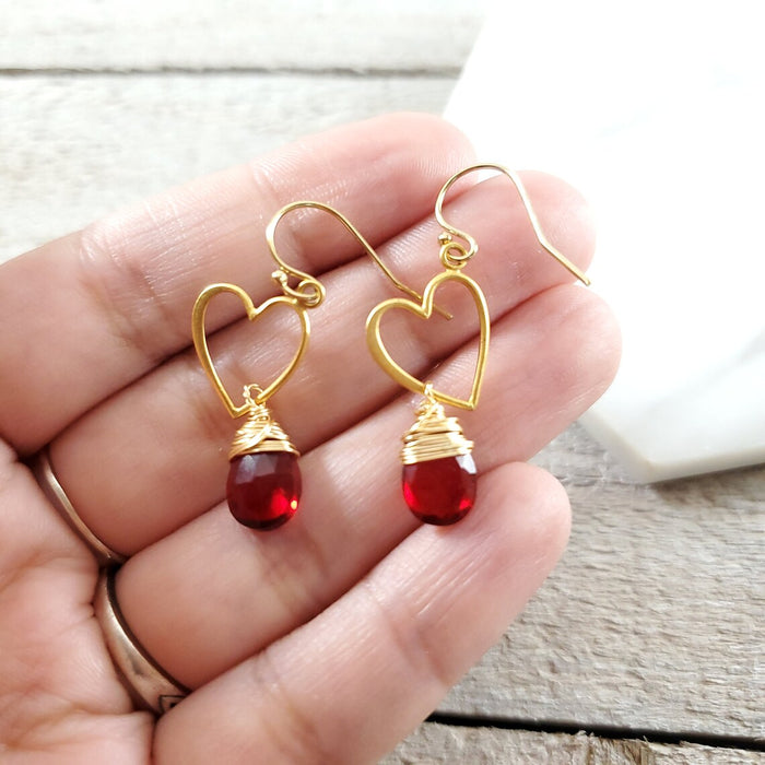 Sweetheart Garnet Drop Earrings - Red and Gold Heart Dainty 14k Gold Filled Earrings