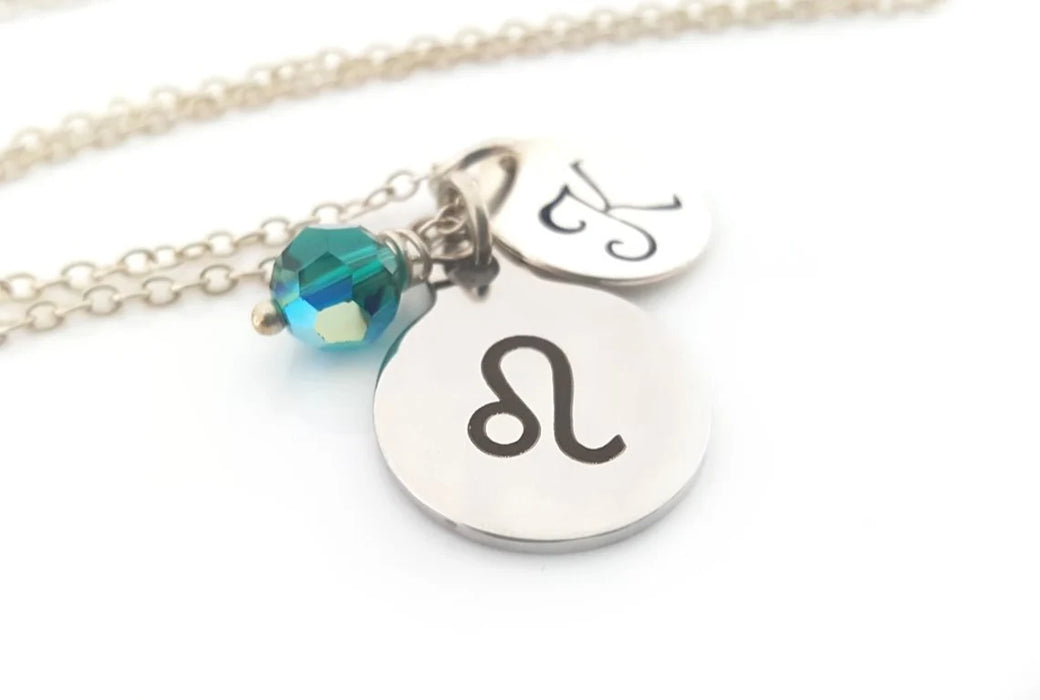 Personalized Leo Zodiac Necklace – Sterling Silver Chain with Birthstone & Initial