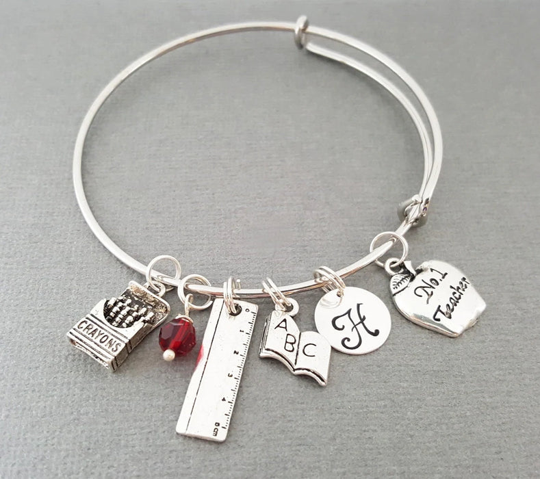 Personalized Teacher Bracelet – Adjustable Bangle with Birthstone & Initial