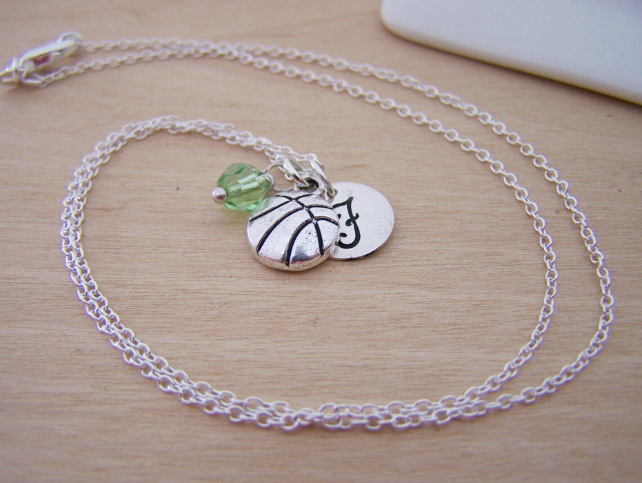 Basketball Necklace – Sterling Silver with Birthstone & Initial Charm