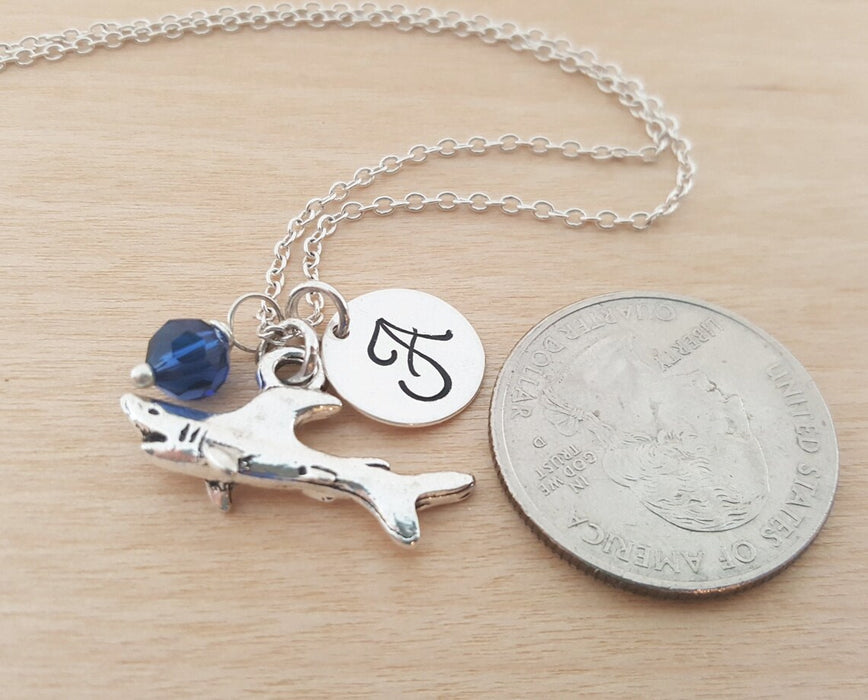 Shark Necklace – Sterling Silver with Birthstone & Initial Charm