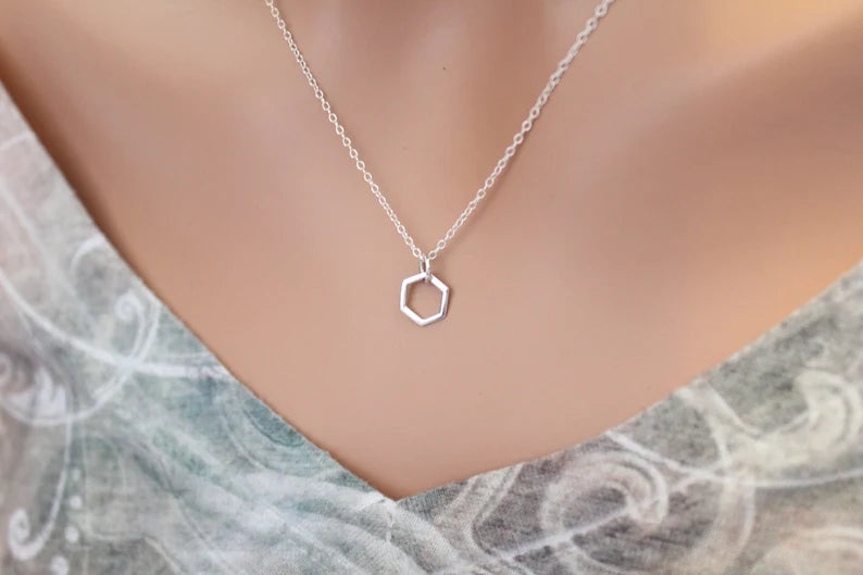 Tiny Hexagon Necklace – Sterling Silver Honeycomb Charm on 18" Chain
