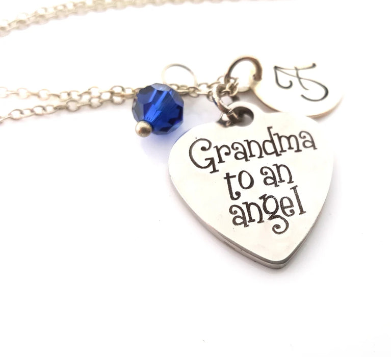 Grandma to an Angel Necklace – Sterling Silver with Birthstone & Initial Charm