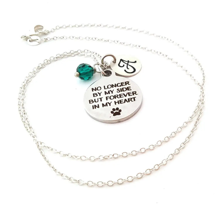 Pet Memorial Necklace – “No Longer by My Side, But Forever in My Heart” – Sterling Silver with Birthstone & Initial