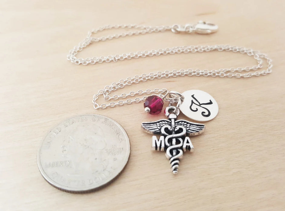 Medical Assistant Necklace – Sterling Silver with Birthstone & Initial Charm