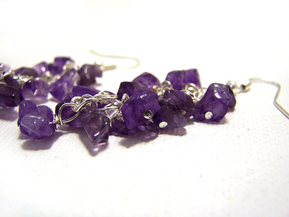 Enchanting Amethyst Gemstone Wire Wrapped Cluster Sterling Silver Earrings