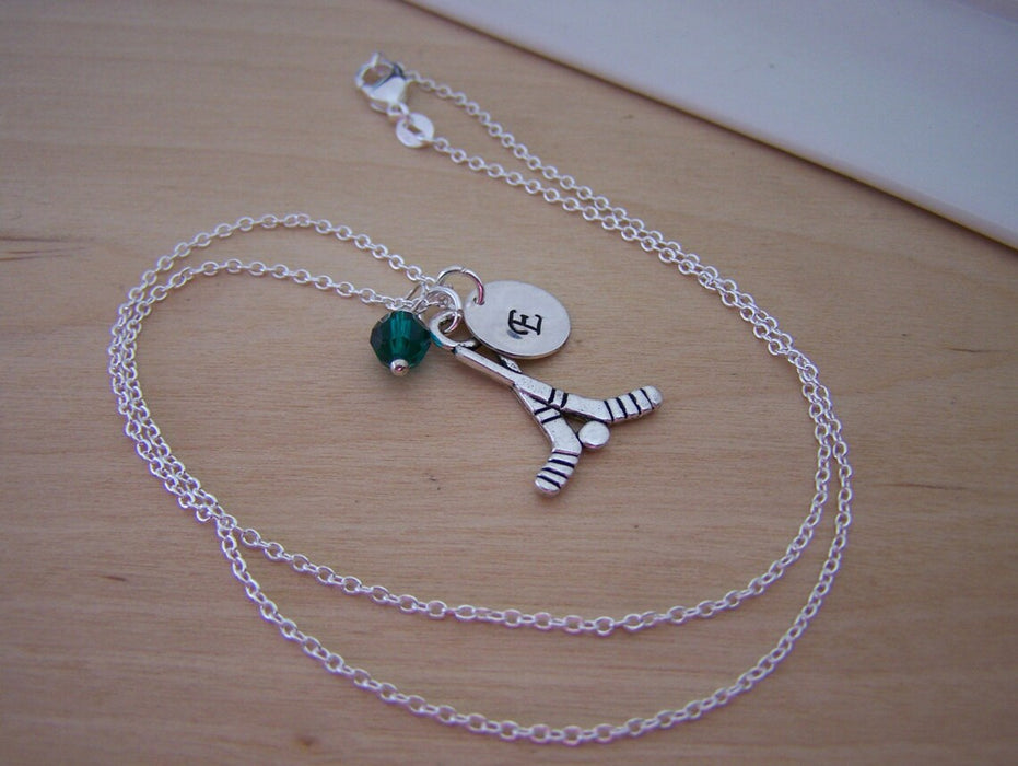 Hockey Stick Necklace – Sterling Silver with Birthstone & Initial Charm