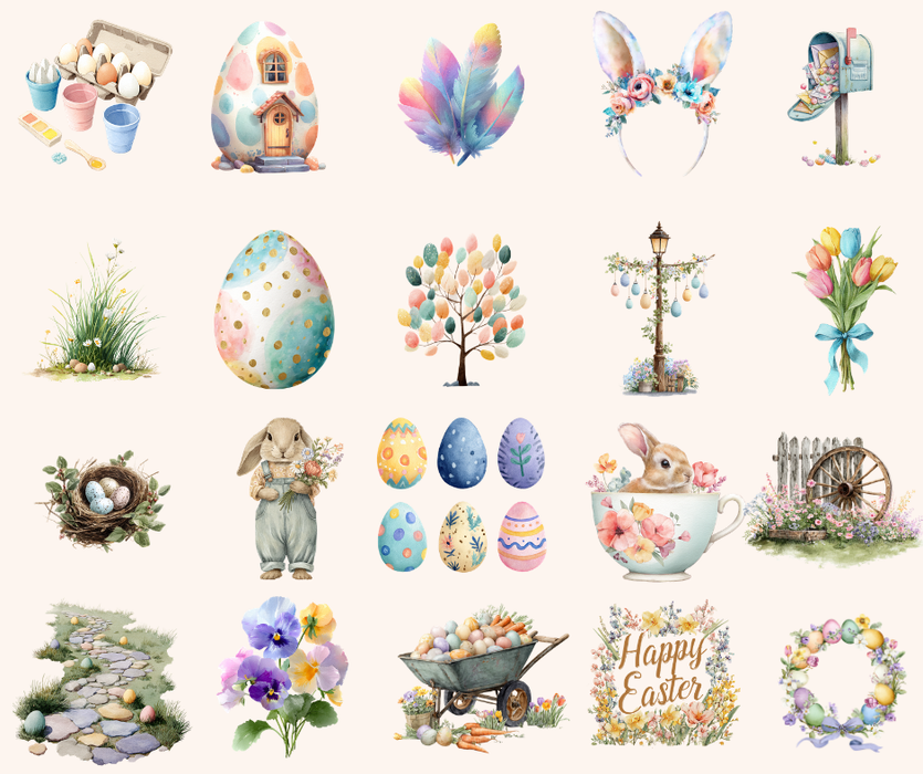 Enchanted Easter Watercolor Clip Art Bundle – 97 Pastel Spring PNG Graphics – Commercial Use Included