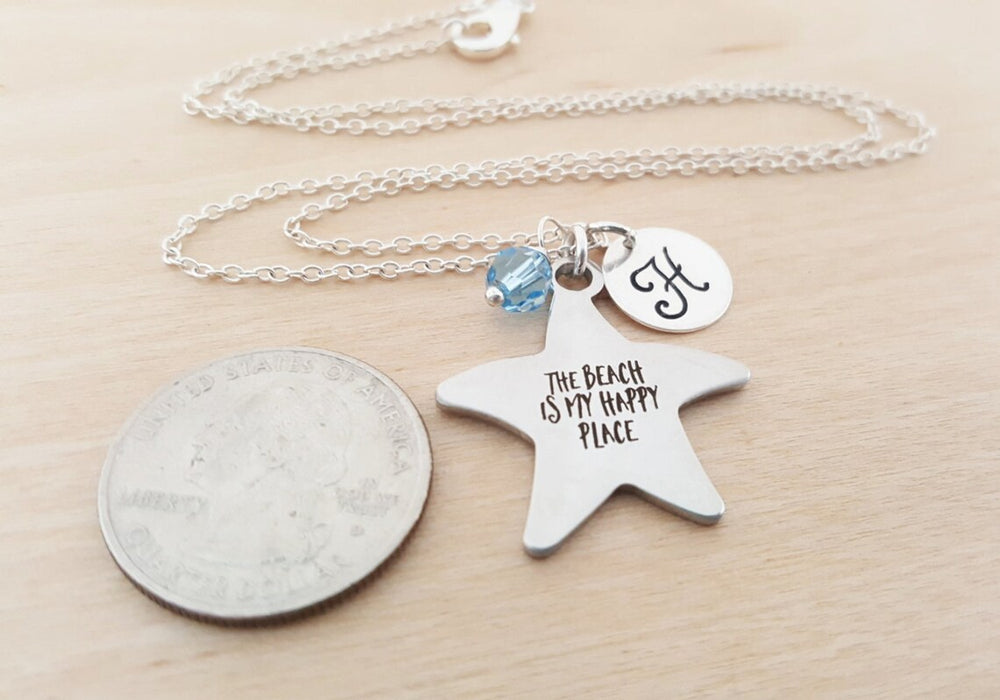 The Beach Is My Happy Place Necklace – Sterling Silver with Birthstone & Initial – Personalized Beach Jewelry