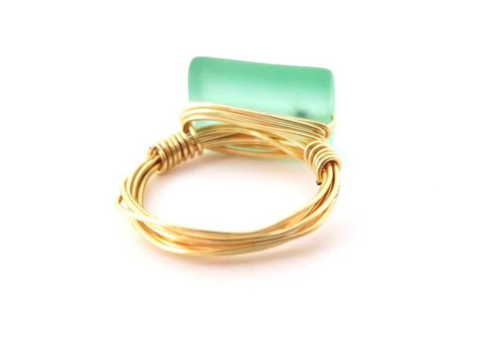 Aqua Sea Glass Ring - Gold Wire Wrapped Ring - Ring Size 6