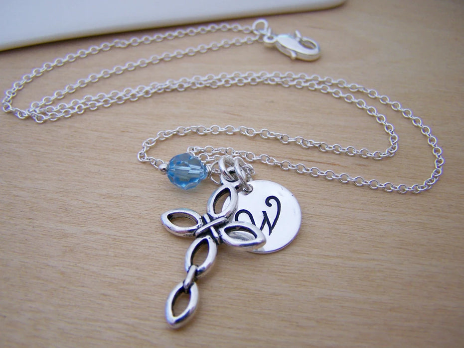 Personalized Cross Necklace – Sterling Silver Chain with Birthstone & Initial