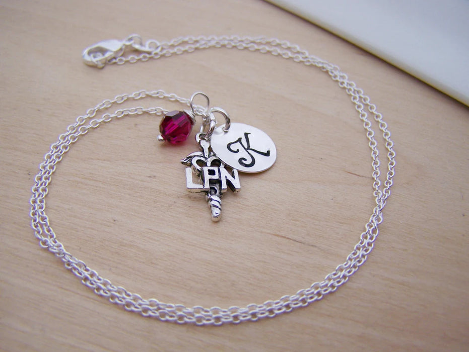 LPN Nurse Necklace – Sterling Silver with Birthstone & Initial Charm