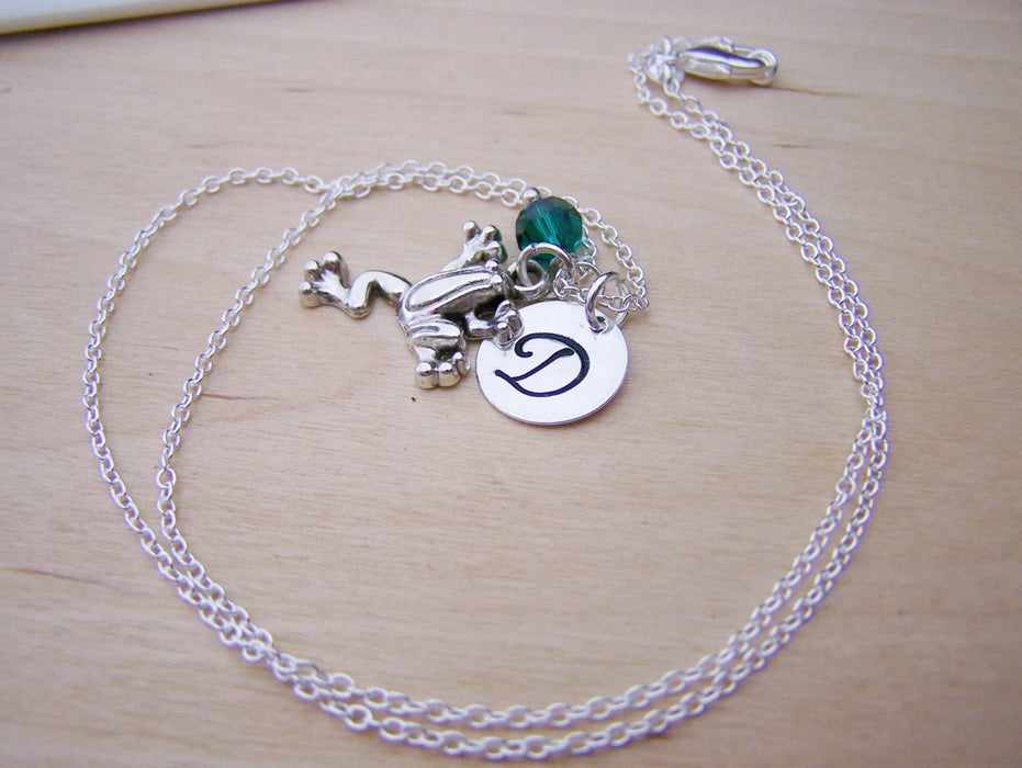 Frog Necklace – Sterling Silver with Birthstone & Initial Charm