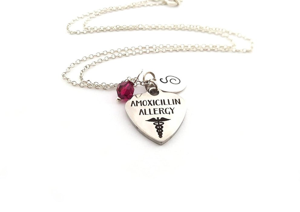 Amoxicillin Allergy Medical Necklace – Hand Stamped Initial, Birthstone or Pearl, Sterling Chain