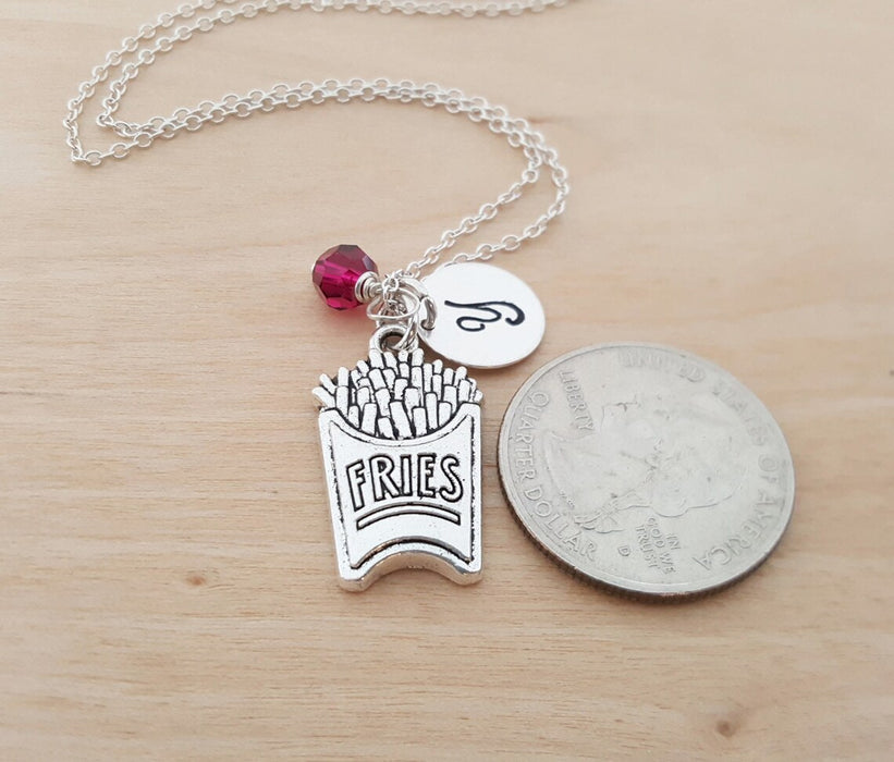 French Fries Necklace – Sterling Silver with Birthstone & Initial Charm