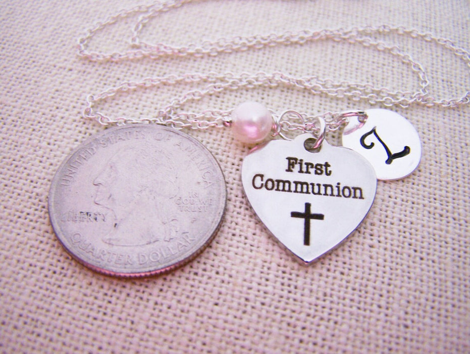 First Communion Necklace – Sterling Silver with Pearl, Initial & Stainless Steel Heart Charm