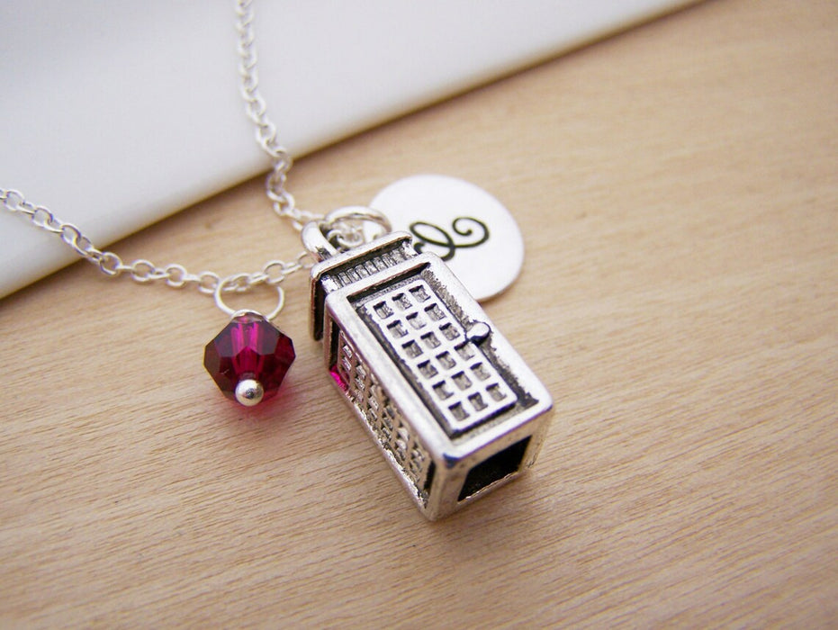 TARDIS Phone Booth Necklace – Sterling Silver with Birthstone & Initial Charm