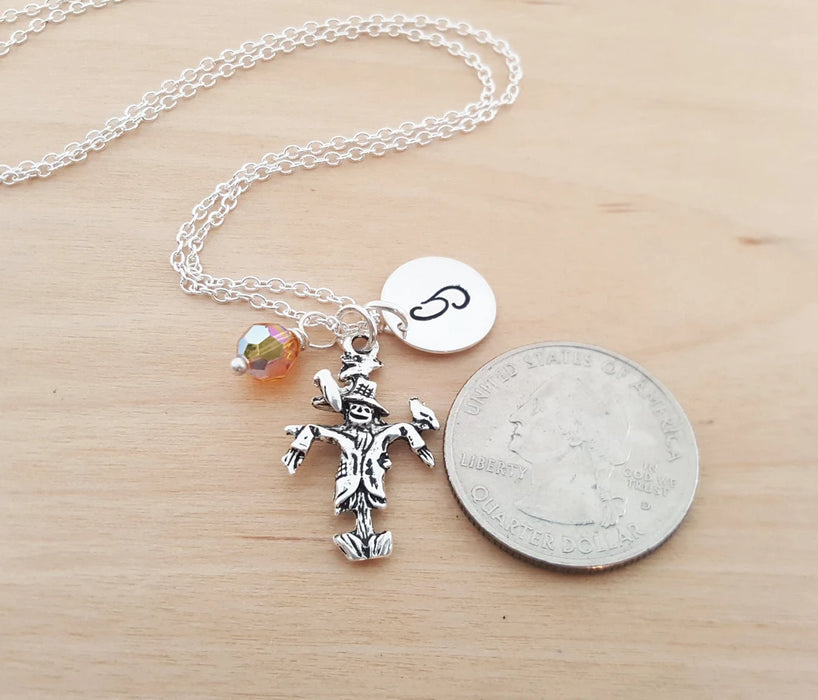 Personalized Scarecrow Necklace – Sterling Silver Chain with Birthstone & Initial