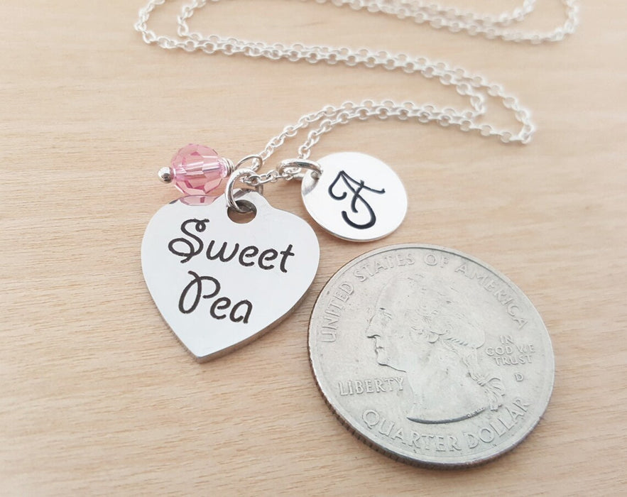 Sweet Pea Necklace – Sterling Silver with Birthstone & Initial Charm