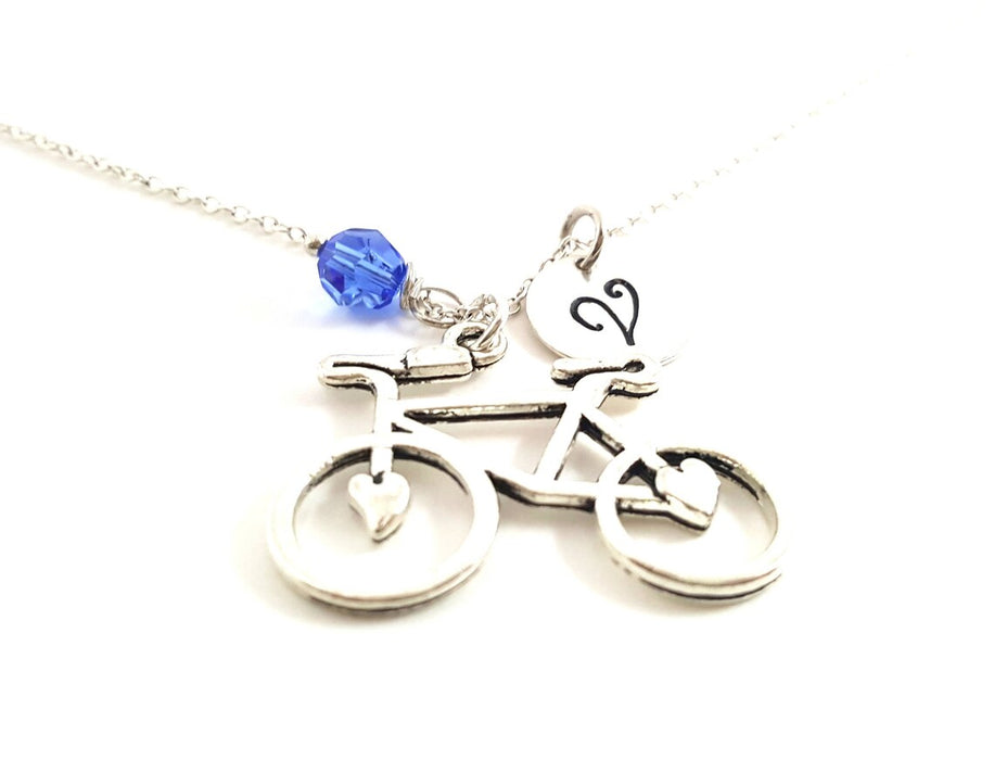 Personalized Bicycle Necklace – Sterling Silver Chain with Heart Charm, Birthstone & Initial