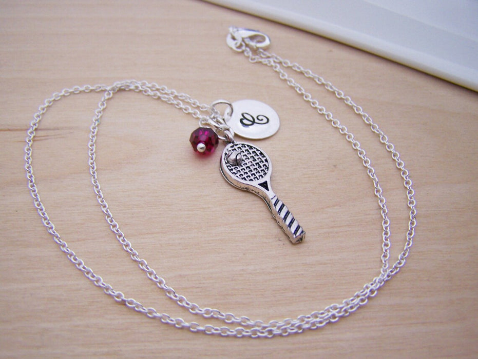 Tennis Racquet Necklace – Sterling Silver with Birthstone & Initial Charm
