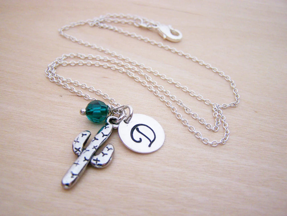 Cactus Necklace – Sterling Silver with Birthstone & Initial Charm