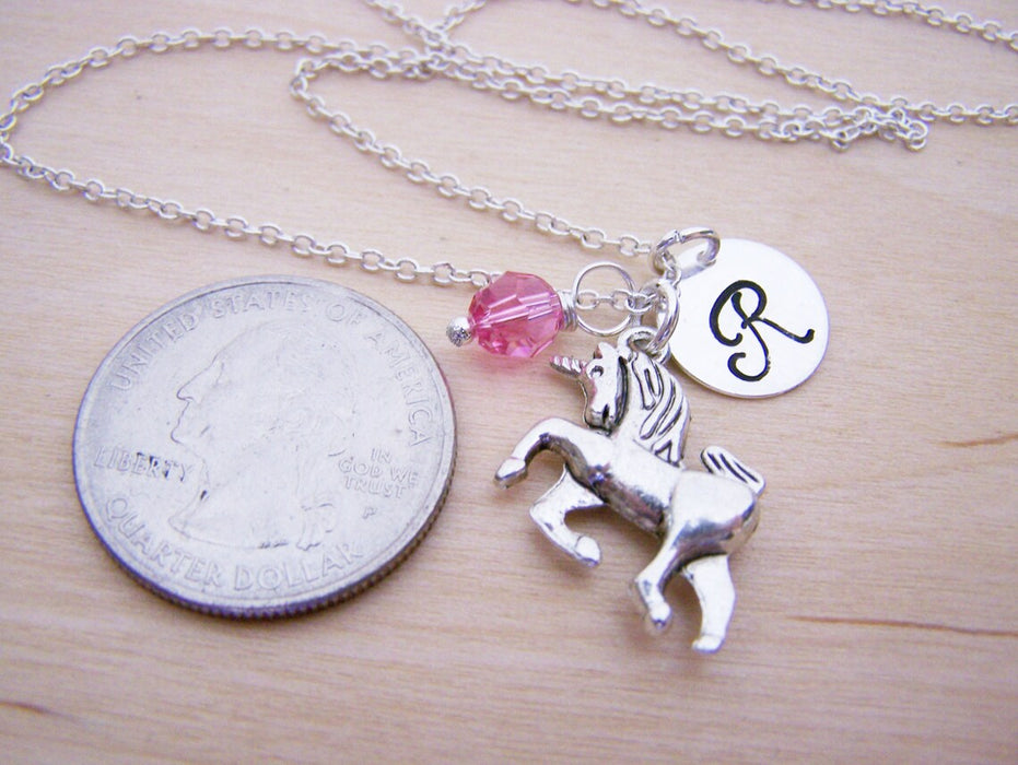 Unicorn Necklace – Sterling Silver with Birthstone & Initial Charm