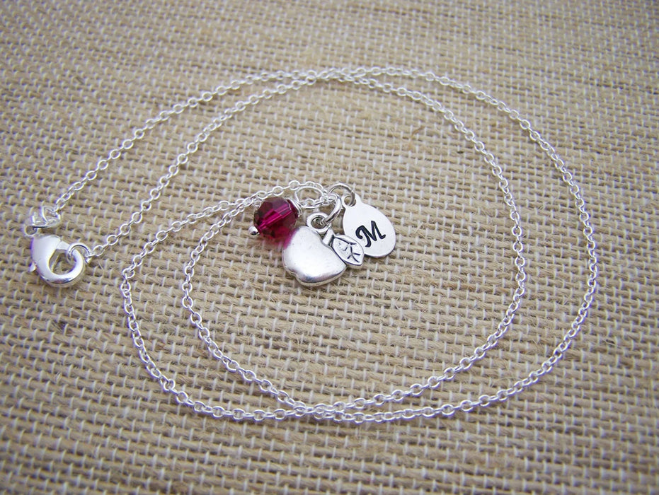 Personalized Apple Necklace – Sterling Silver Chain with Birthstone & Initial