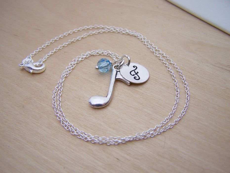 Personalized Music Note Necklace – Sterling Silver with Birthstone & Initial Charm